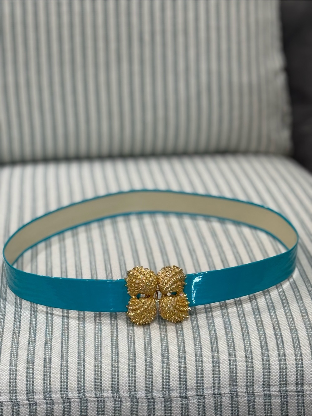 Turquoise Patent Belt with Gold Floral Buckle - Women Accessories